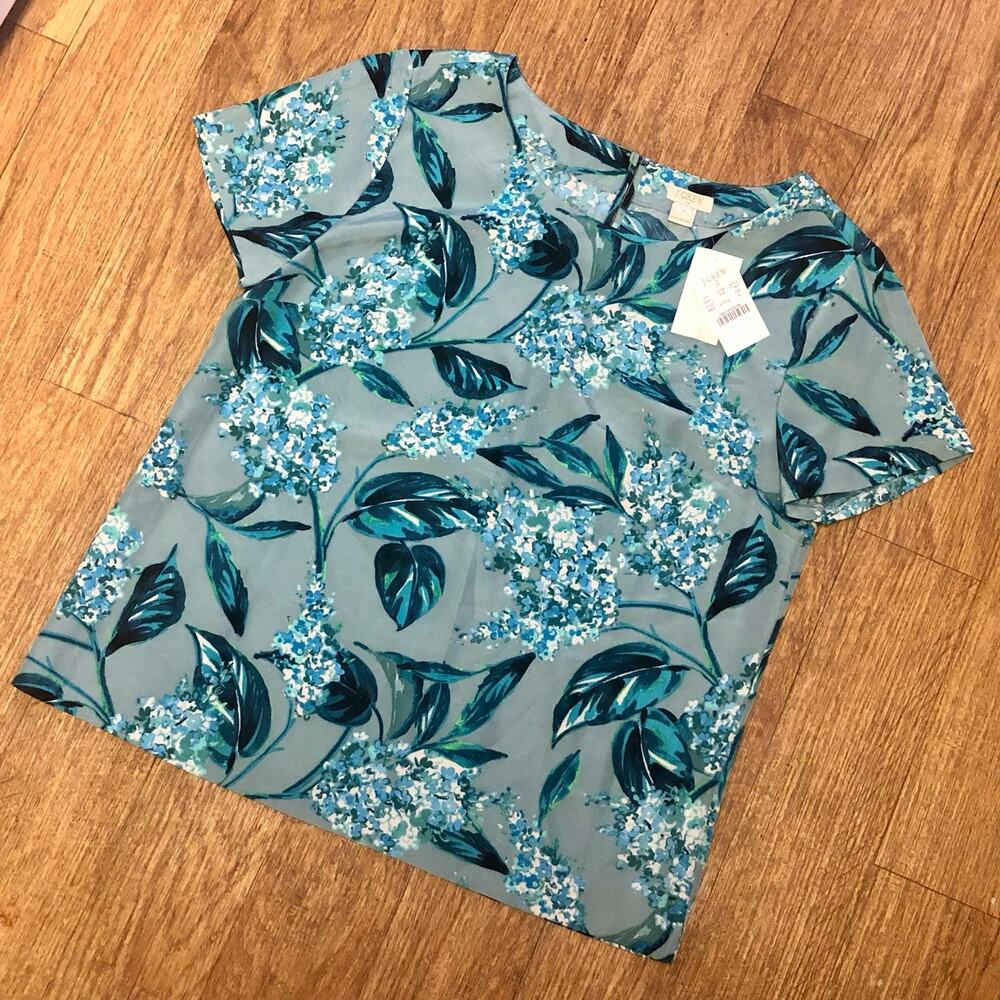 J. Crew Factory Gray Blue Green Floral Short Sleeve Polyester Blouse Size Small